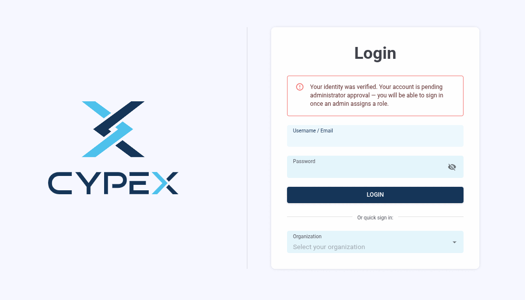 "Your identity was verified. Your account is pending administrator approval" — the IdP round-trip succeeded; CYPEX access did not.