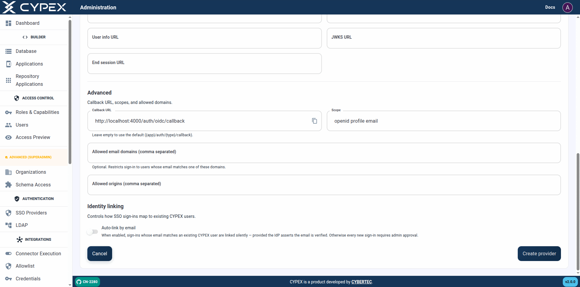 Callback URL defaults to the app-origin pattern above; Scope defaults to `openid profile email`. Auto-link by email is off by default.