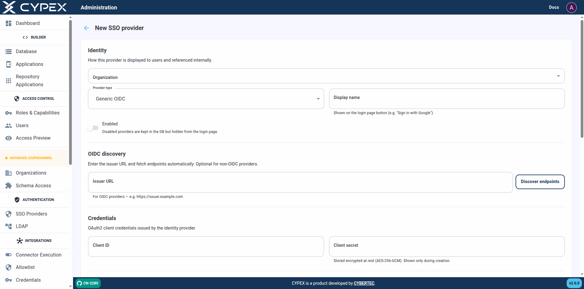 Organization, Provider type, and Display name under Identity; Issuer URL and Discover endpoints under OIDC discovery.