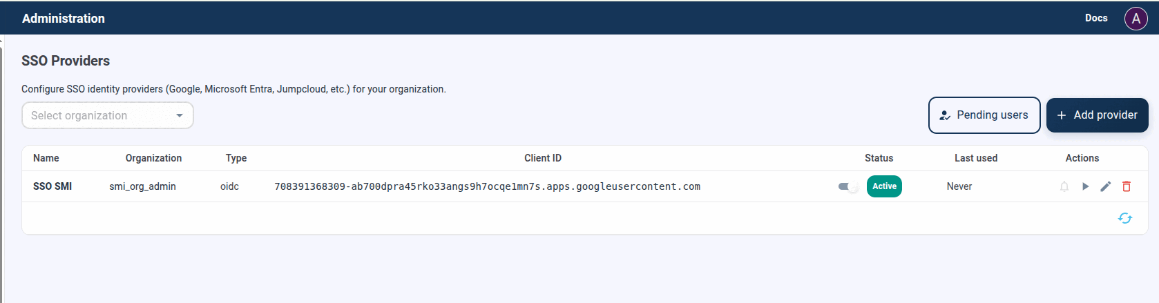 Status, Last used, and row actions (test, view, edit, delete) per provider.