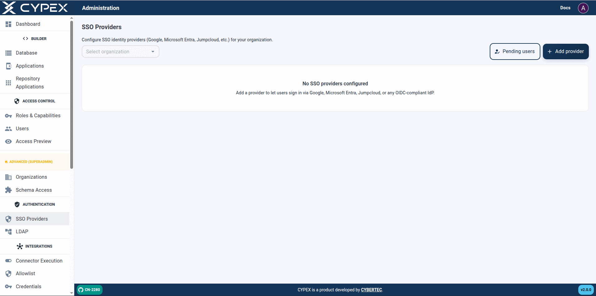 Select an organization, then Add provider. Pending users opens the same approval queue as Users → Pending SSO.